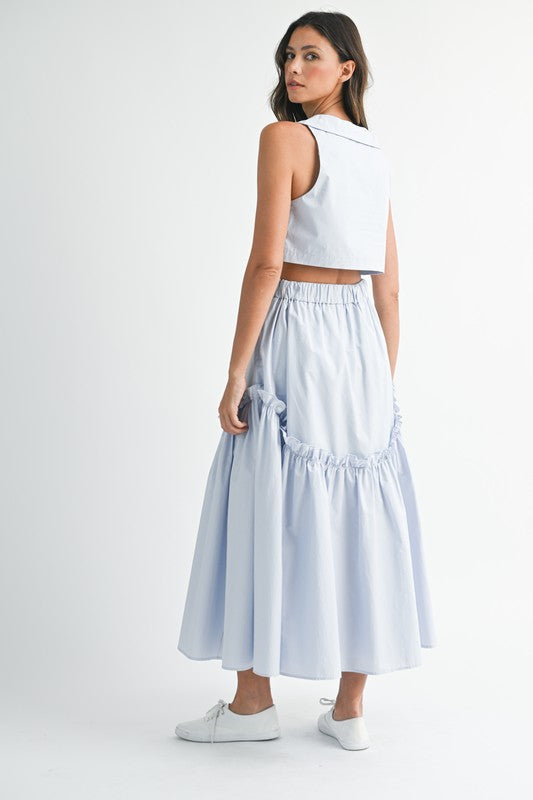 POPLIN COLLAR SLEEVELESS CROP TOP AND SKIRT SET IN LIGHT BLUE