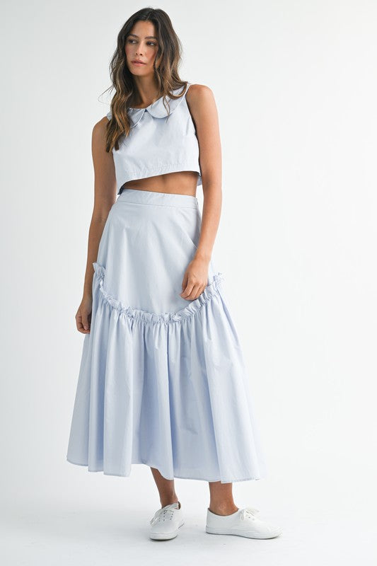 POPLIN COLLAR SLEEVELESS CROP TOP AND SKIRT SET IN LIGHT BLUE