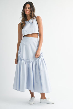 POPLIN COLLAR SLEEVELESS CROP TOP AND SKIRT SET IN LIGHT BLUE