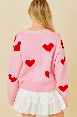 BECCA PEARL TRIM HEART VALENTINE CARDIGAN IN PINK AND RED