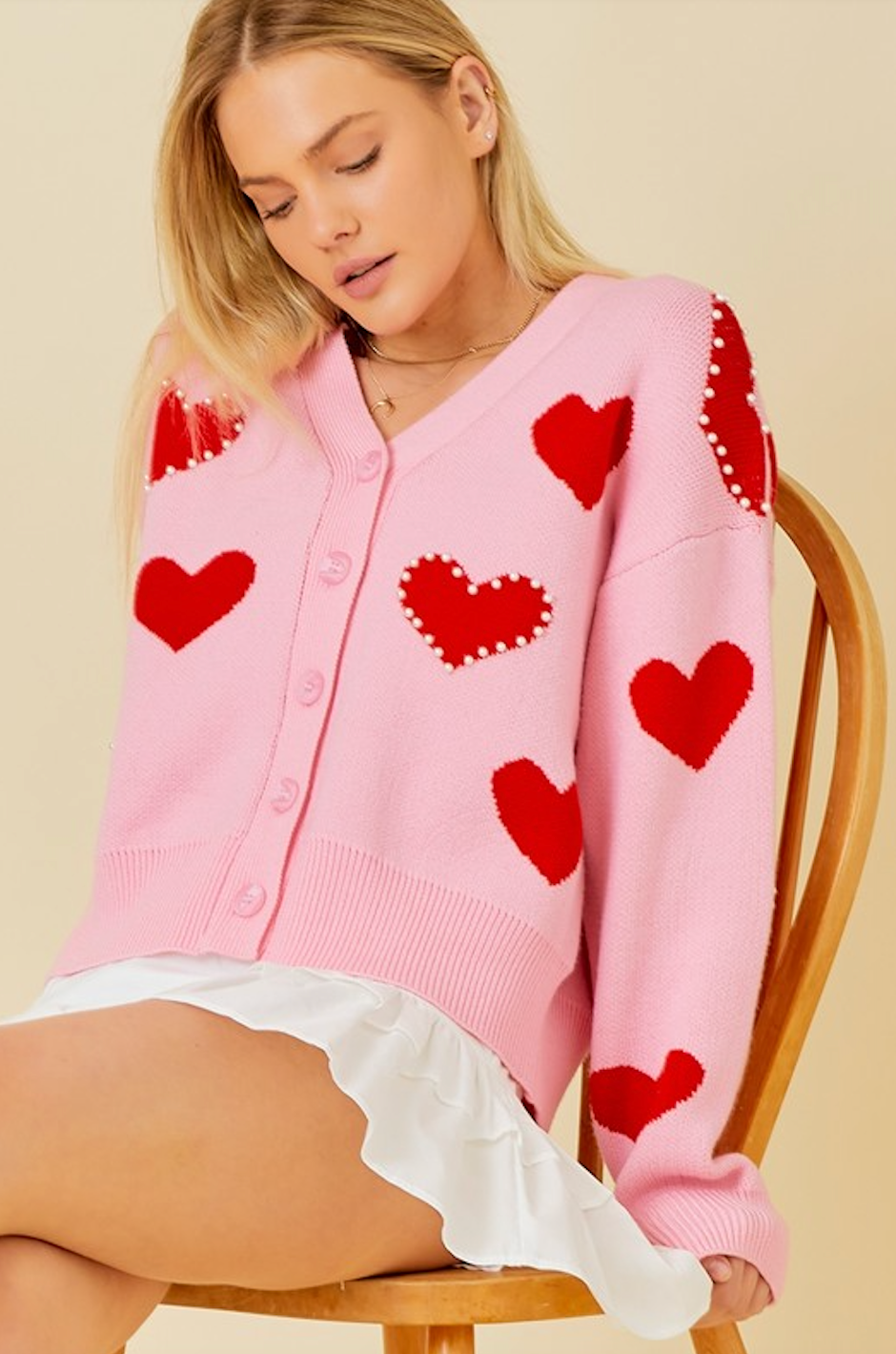 BECCA PEARL TRIM HEART VALENTINE CARDIGAN IN PINK AND RED