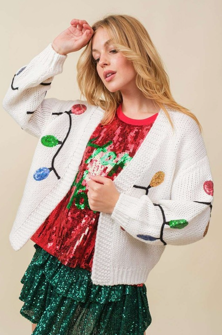 FAITH CHRISTMAS LIGHT CARDIGAN IN WHITE