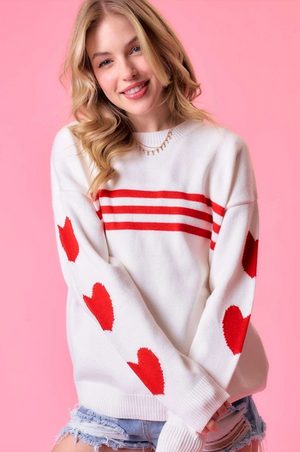 FLORA SLEEVE HEART WITH FRONT STRIPE SWEATER IN WHITE