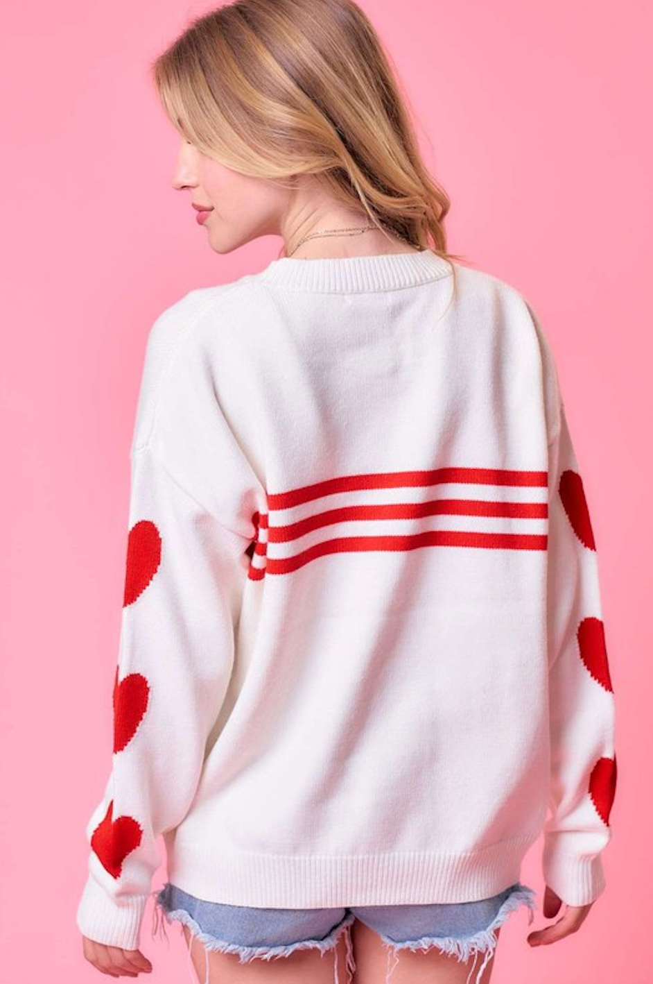 FLORA SLEEVE HEART WITH FRONT STRIPE SWEATER IN WHITE