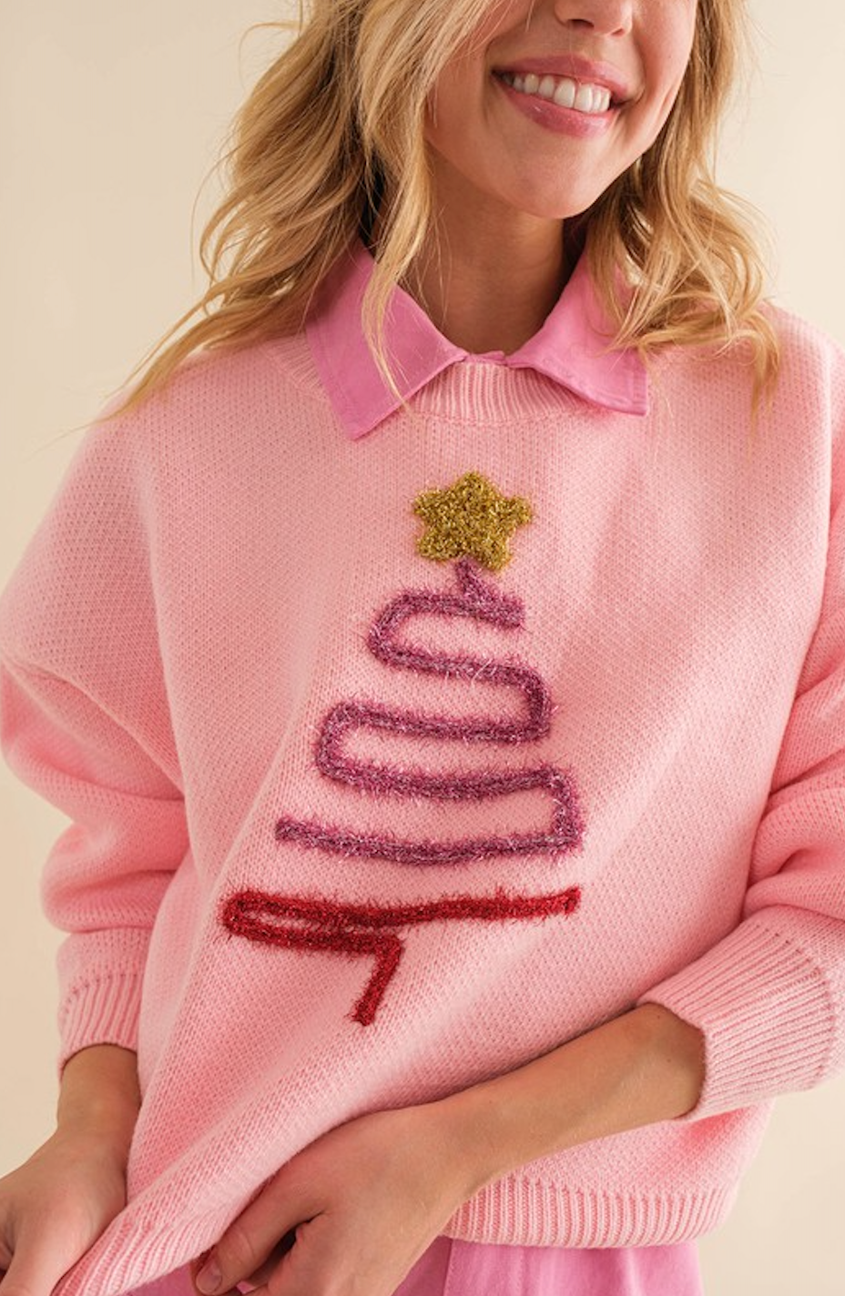MARIAH CHRISTMAS TREE PATCH SWEATER IN PINK