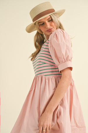 ALICE MIXED MEDIA PUFF SLEEVE DRESS IN PINK AND GREEN STRIPE