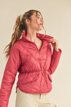 CORA QUILTED PUFFER PULLOVER IN BERRY ROSE