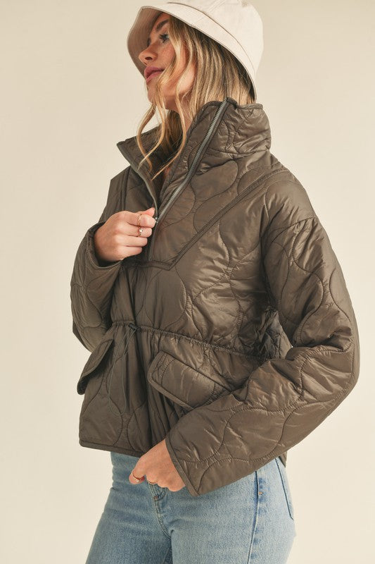 CORA QUILTED PUFFER PULLOVER IN DARK OLIVE