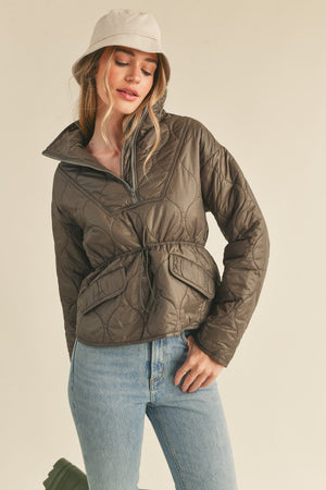 CORA QUILTED PUFFER PULLOVER IN DARK OLIVE