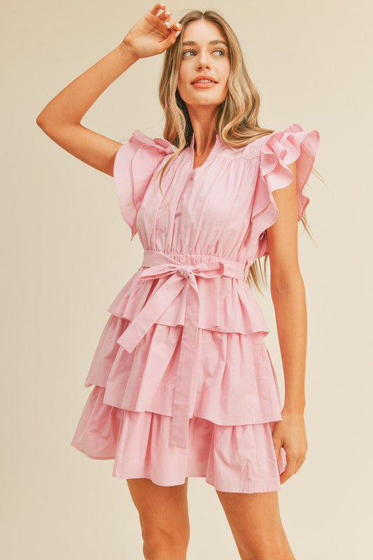 ESTHER TIERED MINI DRESS IN PINK