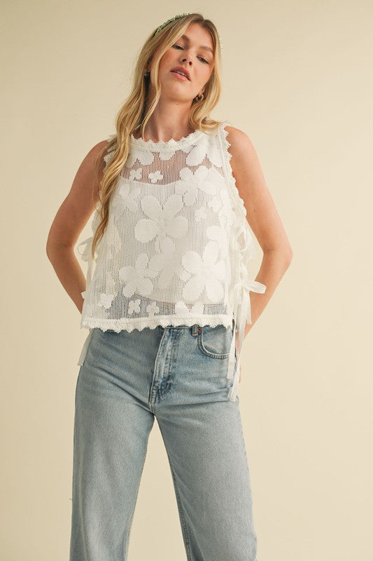 FLORAL CROCHET WITH CROCHET TRIM SIDE TYING TOP IN OFF WHITE