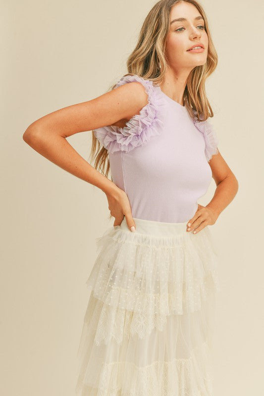ISABEL RIBBED TOP WITH TULLE SLEEVES IN LAVENDER