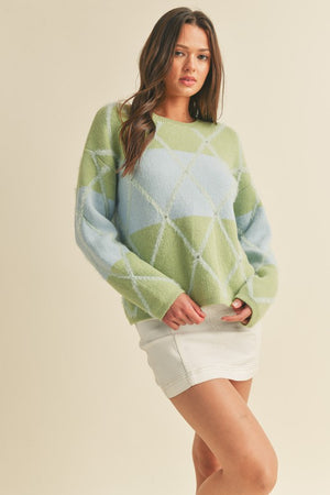 JANE EMBELLISHED KNIT SWEATER IN GREEN AND BLUE MULTI