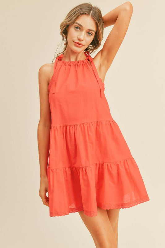 JULIA TIERED BABYDOLL DRESS IN BRIGHT RED LINEN Indigeaux Denim Bar & Boutique