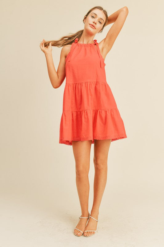 JULIA TIERED BABYDOLL DRESS IN BRIGHT RED LINEN