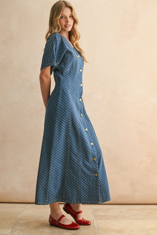 DOT PRINT DETAIL BUTTON FRONT MAXI DRESS IN DENIM