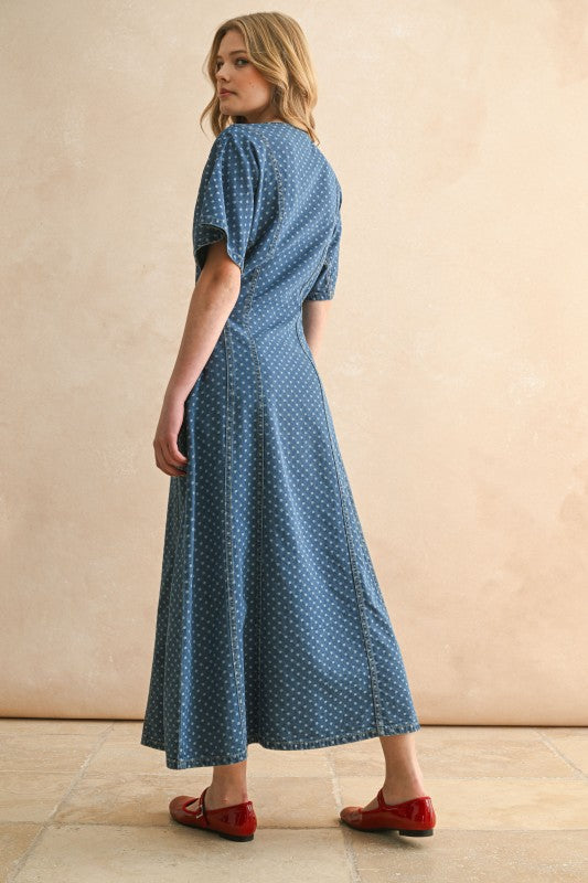 DOT PRINT DETAIL BUTTON FRONT MAXI DRESS IN DENIM