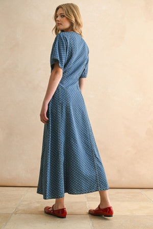 DOT PRINT DETAIL BUTTON FRONT MAXI DRESS IN DENIM