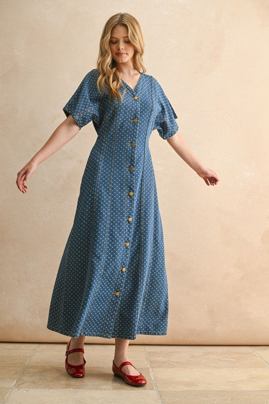 DOT PRINT DETAIL BUTTON FRONT MAXI DRESS IN DENIM