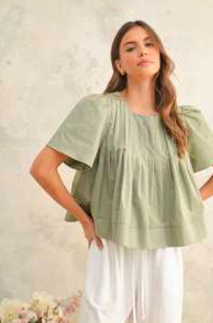 ISLA PLEATED BABYDOLL TOP IN SAGE