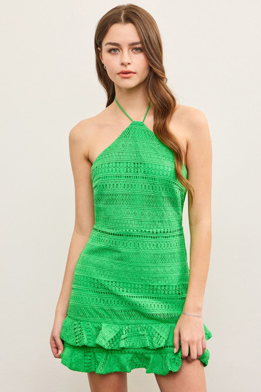 RUFFLE TIERED CROCHET HALTER DRESS IN KELLY GREEN