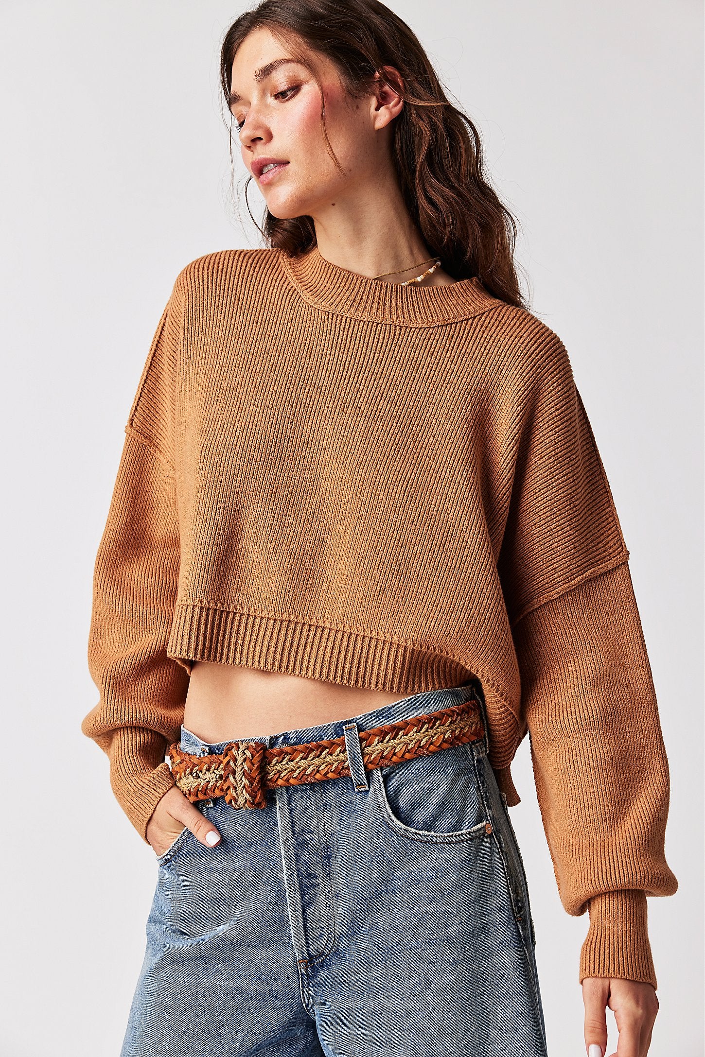 FREE PEOPLE EASY STREET CROP PULLOVER IN CAMEL
