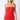 Woman wearing a strapless red dress against a white background