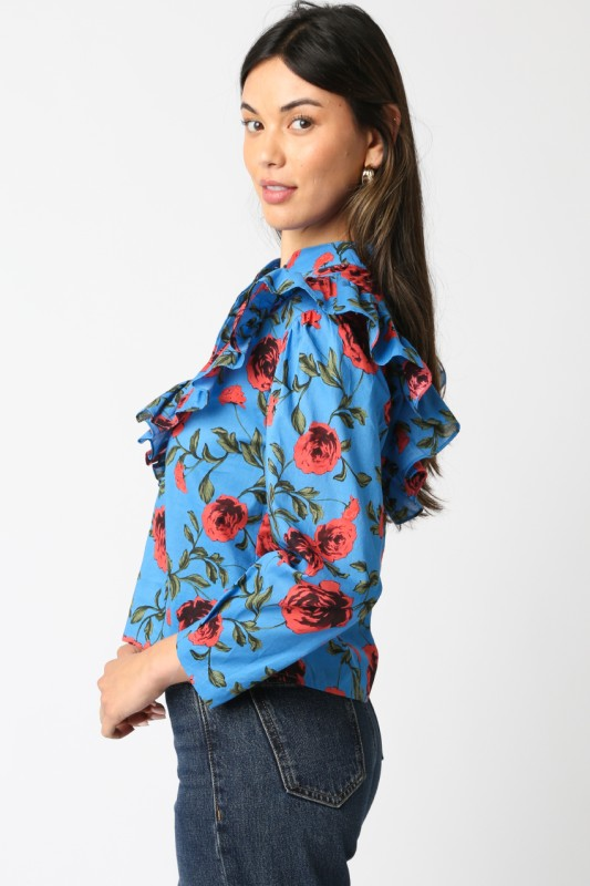 LONG SLEEVE RUFFLE FLORAL TOP IN BLUE