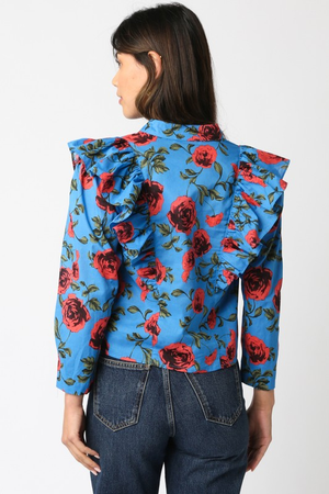 LONG SLEEVE RUFFLE FLORAL TOP IN BLUE