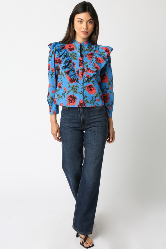 LONG SLEEVE RUFFLE FLORAL TOP IN BLUE