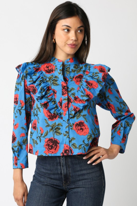 LONG SLEEVE RUFFLE FLORAL TOP IN BLUE