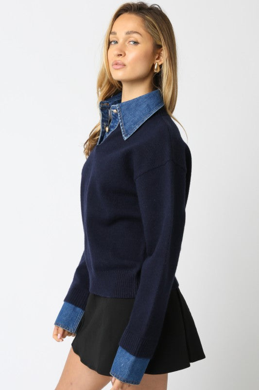 ROWAN COLLARED SWEATER IN NAVY