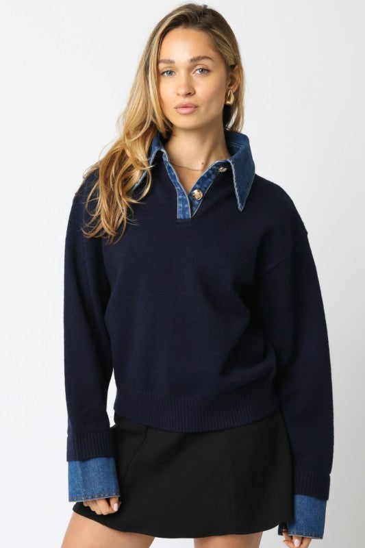 ROWAN COLLARED SWEATER IN NAVY