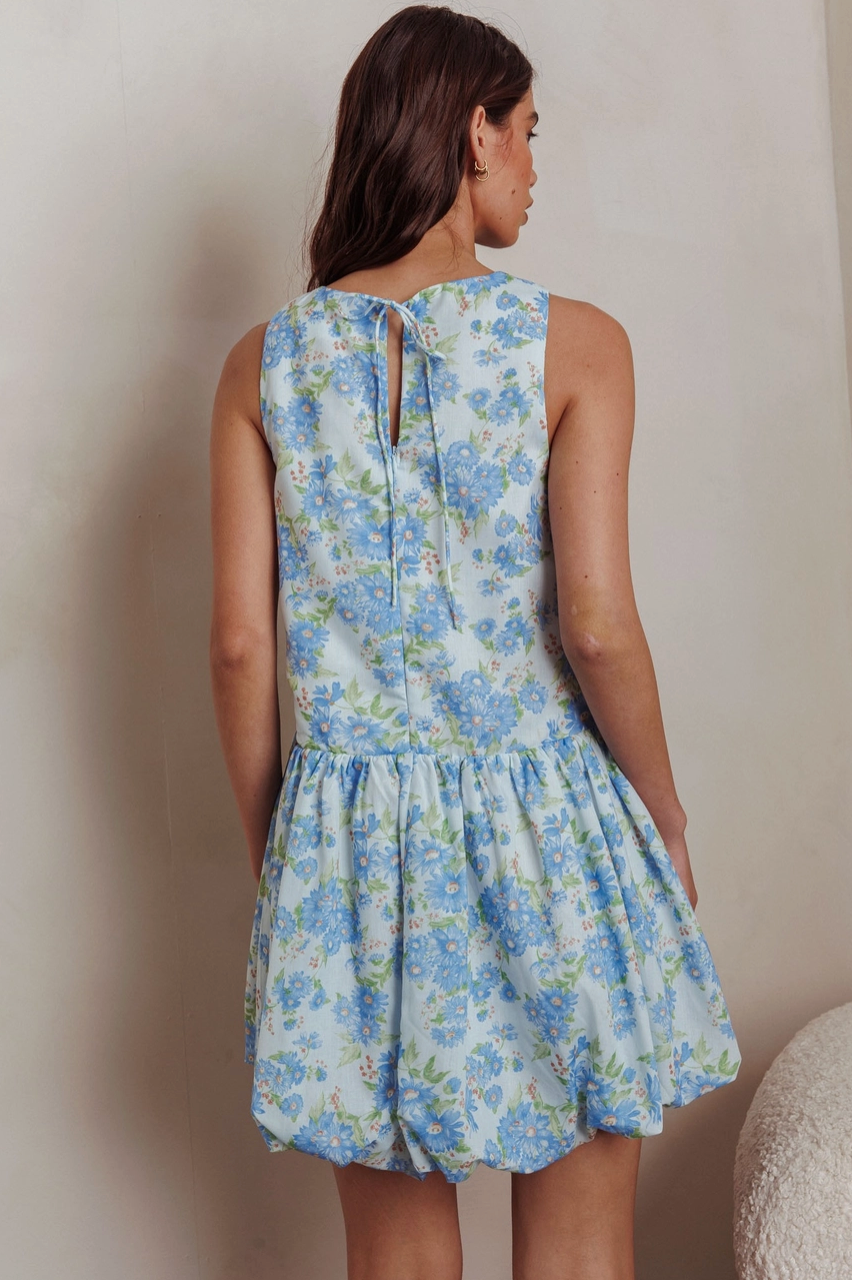daphney floral mini dress DAPHNE FLORAL BUBBLE MINI DRESS IN BLUE