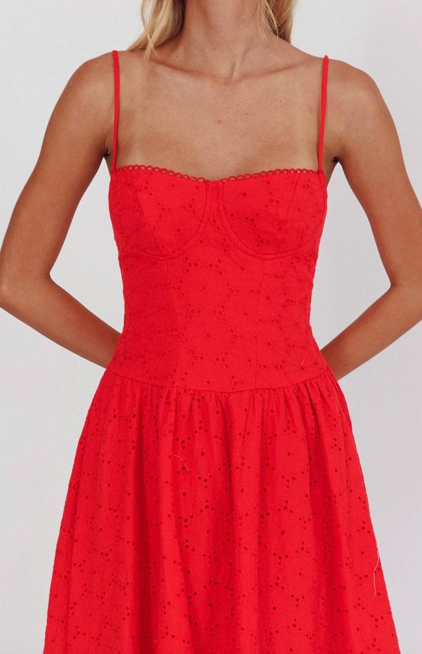 ISABELLA EYELET MIDI DRESS IN RED