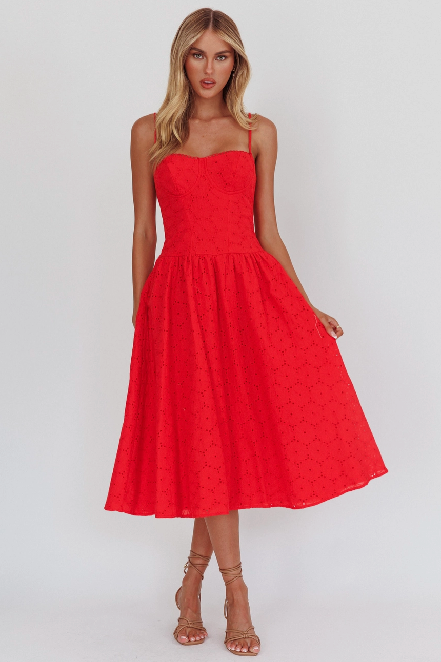 ISABELLA EYELET MIDI DRESS IN RED