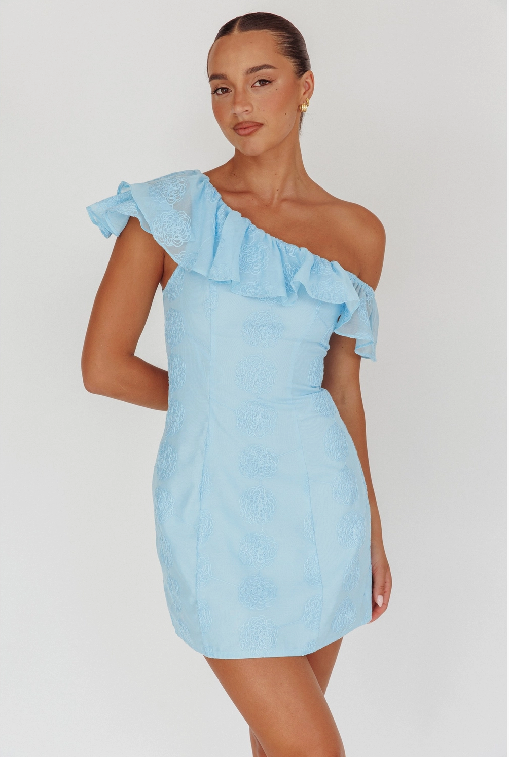 ISLA ONE SHOULDER MINI DRESS POWDER BLUE