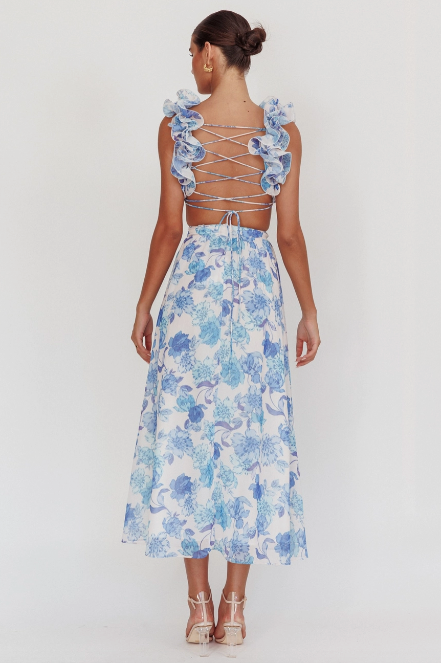 ISLA RUFFLE CUTOUT MAXI DRESS IN BLUE FLORAL