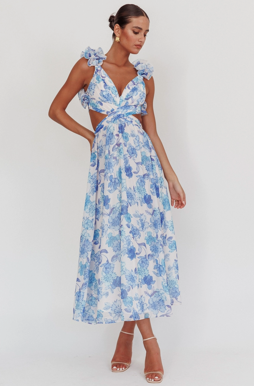 ISLA RUFFLE CUTOUT MAXI DRESS IN BLUE FLORAL