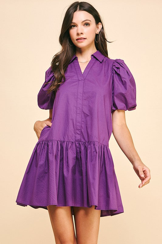 ASTER COLLARED TIERED MINI DRESS IN PURPLE