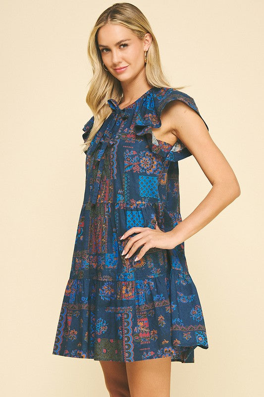 BASIL TIERED MINI DRESS IN DARK BLUE