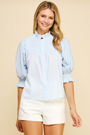 ROSIE SMOCKED WOVEN BLOUSE IN BABY BLUE