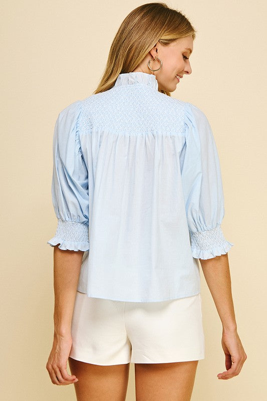 ROSIE SMOCKED WOVEN BLOUSE IN BABY BLUE