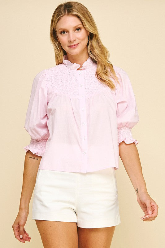 ROSIE SMOCKED WOVEN TOP IN BABY PINK