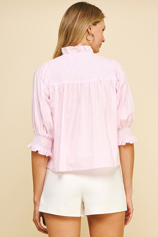 ROSIE SMOCKED WOVEN TOP IN BABY PINK