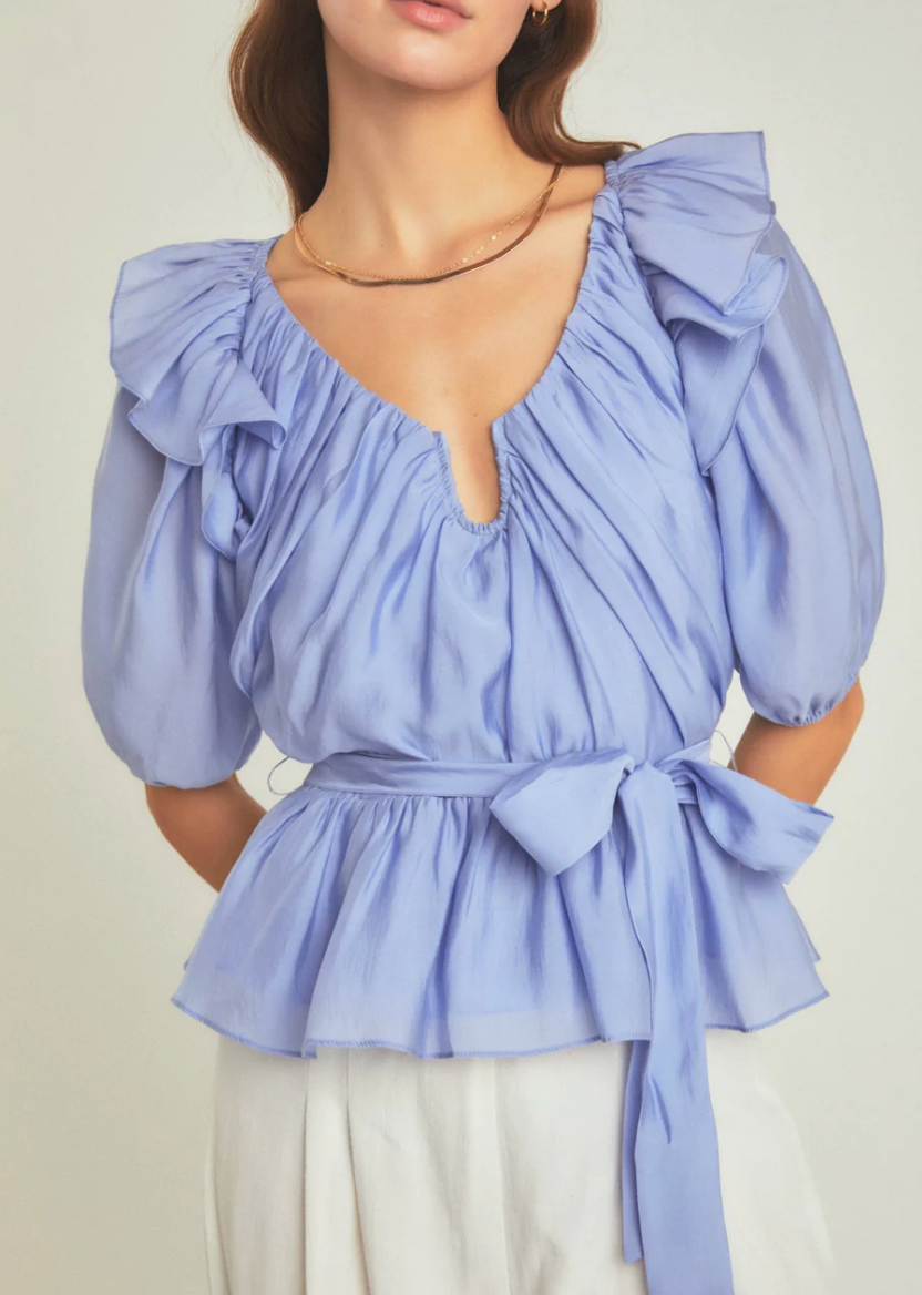 U-PLUNGE PUFF SLEEVE PEPLUM TOP IN POWDER BLUE