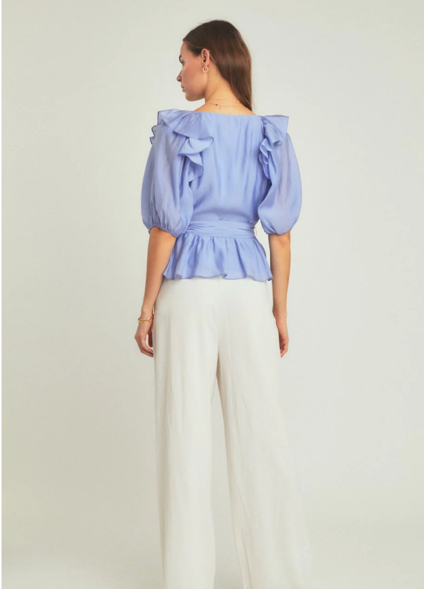 U-PLUNGE PUFF SLEEVE PEPLUM TOP IN POWDER BLUE