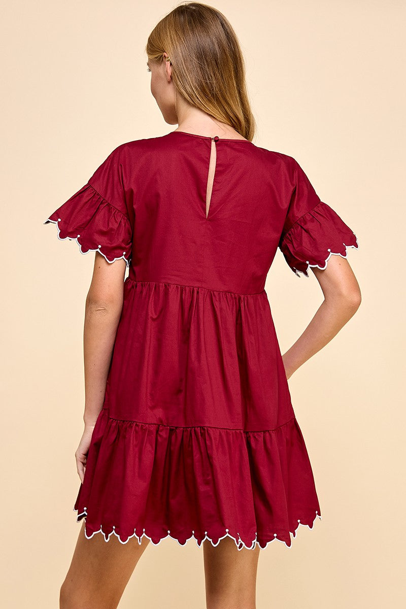 KELLI RUFFLE HEM DRESS IN BURGUNDY