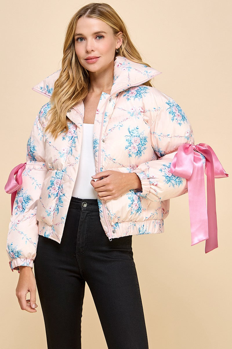 LUCY FLORAL PUFFER JACKET IN PINK