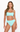 Woman wearing a light blue bikini set on a white background